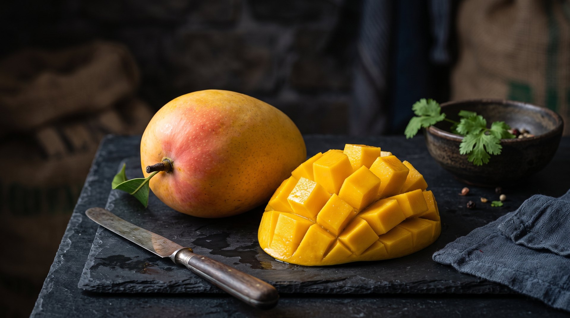 Whole and cubed Alphonso mangoes on a dark charcoal-slate backdrop