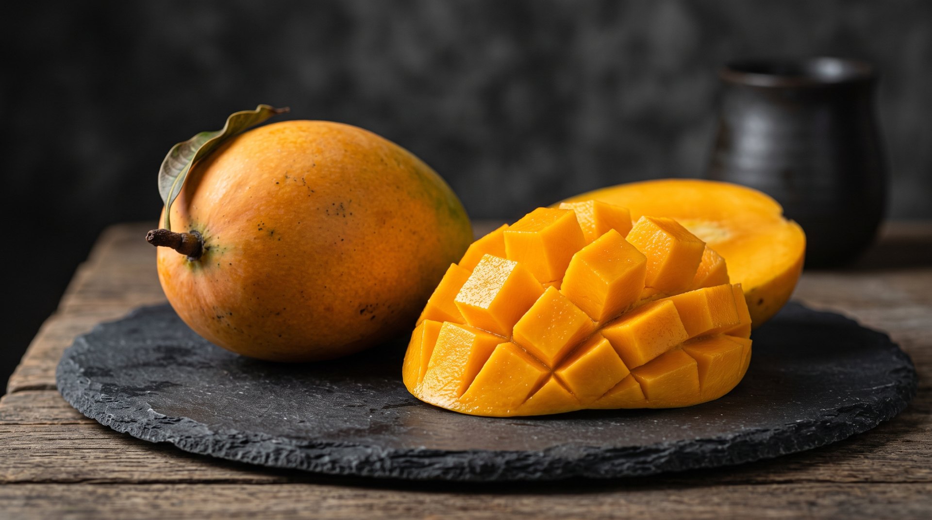 Kesar mangoes with a cubed arrangement showing deep saffron flesh on dark charcoal-slate