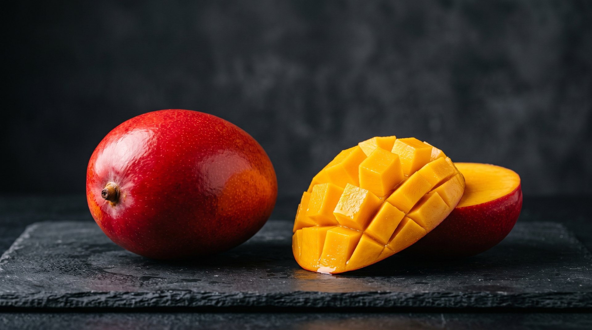 A vivid ruby-red Miyazaki mango beside a cubed golden half on dark charcoal-slate